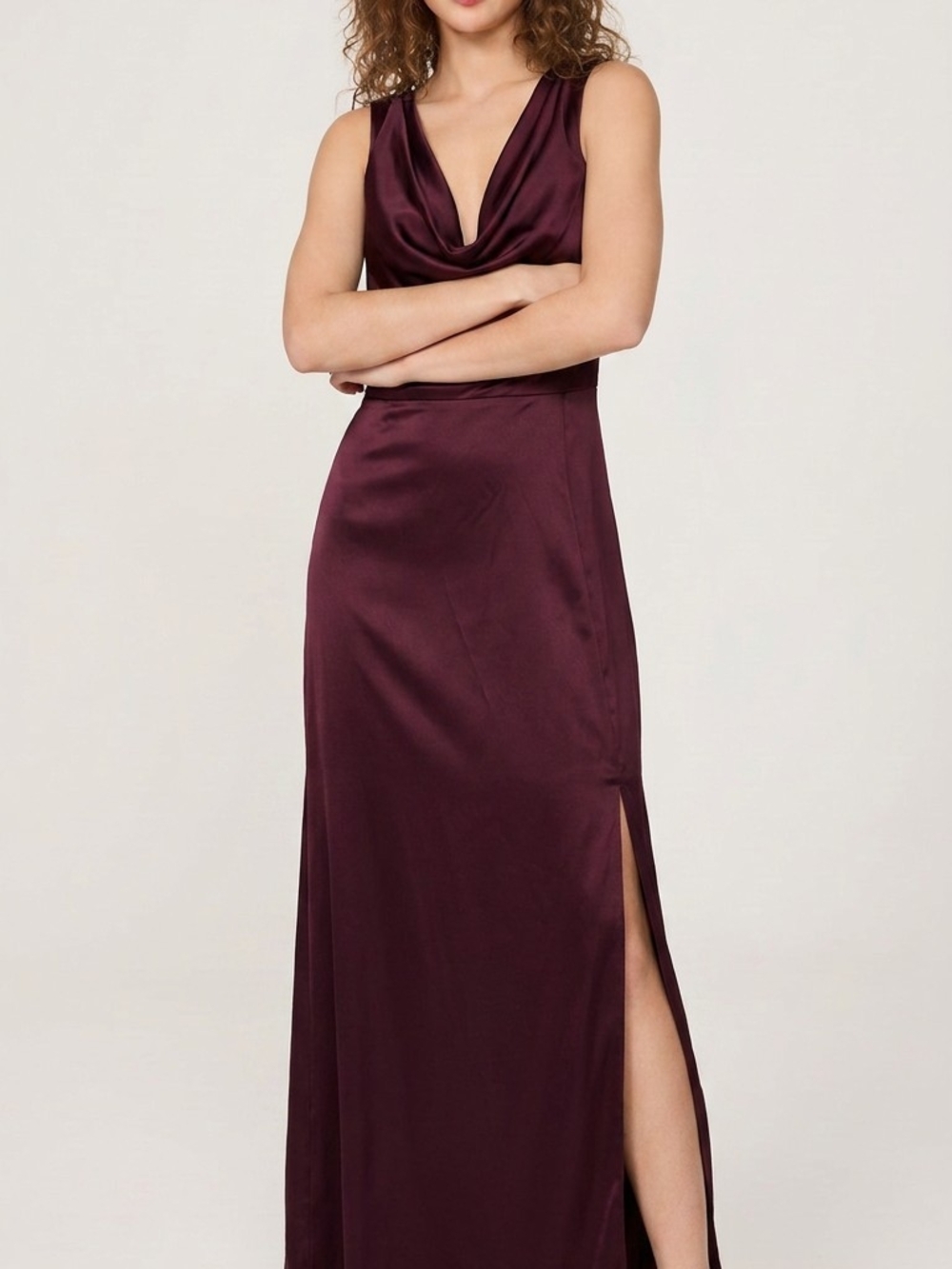 Celebrate It Satin Cowl Neck Maxi Dress in Burgundy